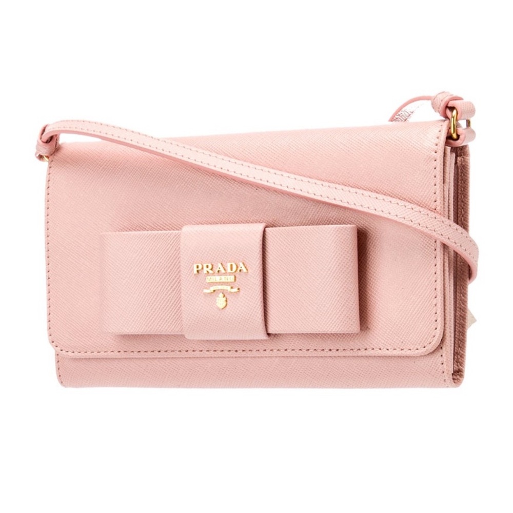NWT! Prada Pink Saffiano Bow Wallet Handbag with Strap